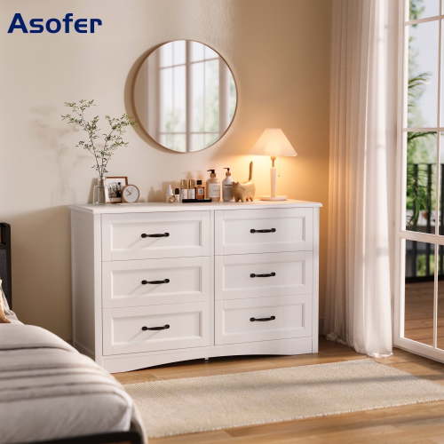 Asofer 6-Drawer White Dresser Cabinet with Metal Handle, Modern Wood Double Chest for Bedroom, Living Room