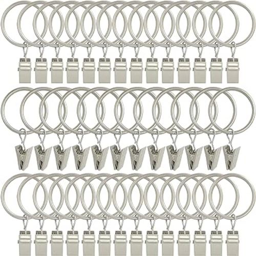 AMZSEVEN 40 Pack Curtain Rings with Clips, Drapery Clips with Rings, Hangers Drapes Rings 1.26 Inch Interior Diameter, Fits up to 1 Inch Curtain Rod, Matte Silver
