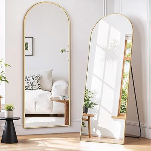 Full Length Mirror 59"x16" Full Body Mirror Arched Free Standing Wall Mounted Leaning Floor Mirrors with Stand Aluminum Alloy Frame for Bedroom Cloakroom, Gold