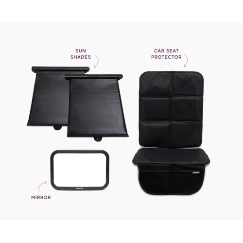 Sprucely Car Essentials Starter Kit (Mirror, Car Seat Protector, Sun Shades) - Black