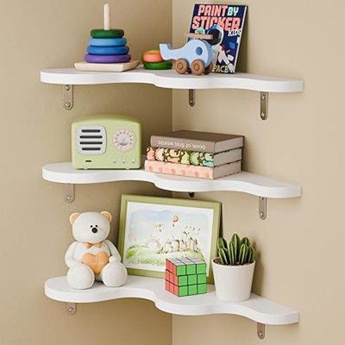 WOPITMER Cute Cloud Shelf Set of 3 - Wavy Floating Corner Shelves Wall Mounted, Corner Shelf Floating with Brackets, Nursery Shelves for Wall Decor, Bedroom,Living Room,Bathroom&Kids Room-White