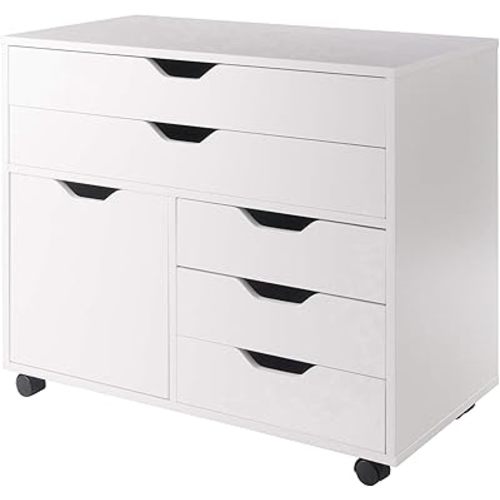 Winsome Halifax Storage Mobile Cabinets, 1 Door, 3 Drawers, 2 Wide Drawers, for Home Office, White