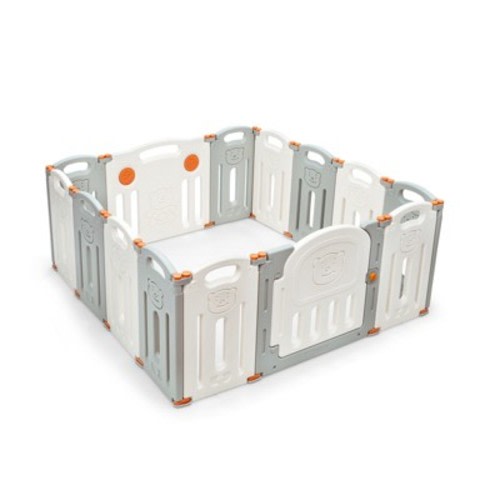 Costway 14 Panel Foldable Baby Playpen Kids Activity Center Safety Play Yard w/Lock Door, Color: Beige, gray