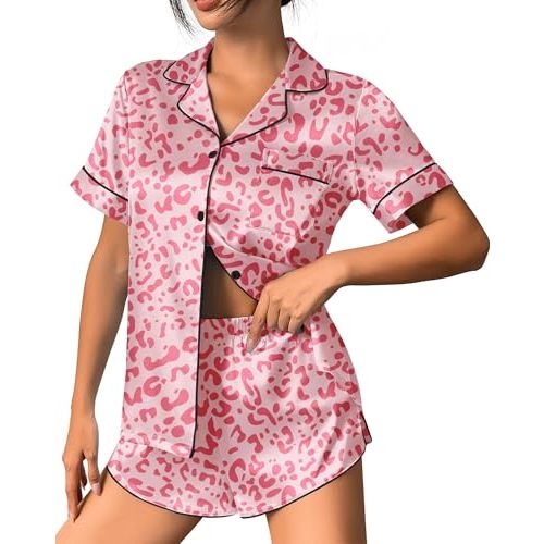 Ekouaer Womens Silk Satin Pajama Set Print Short Sleeve Sleepwear Button Down Pjs Shorts Set Loungewear