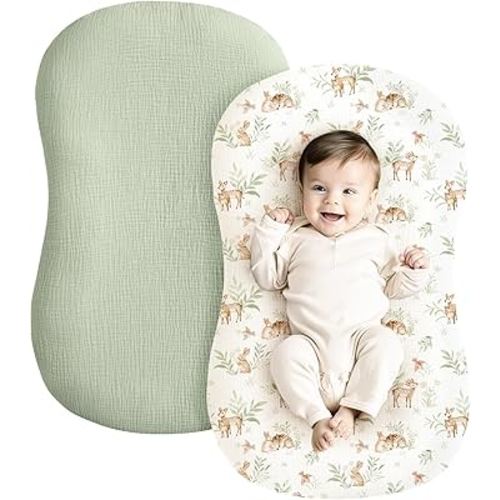 Konssy Muslin Baby Lounger Cover 2 Pack, 100% Cotton Newborn Lounger, Soft and Breathable for Boys & Girls (Woodland, Sage)