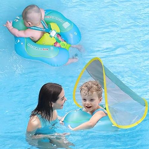 Free Swimming Baby Inflatable Baby Float with Sun Canopy Size Improved Infant Pool Floaties Swimming Pool Toys for The Age of 3-36 Months (Blue, Large)