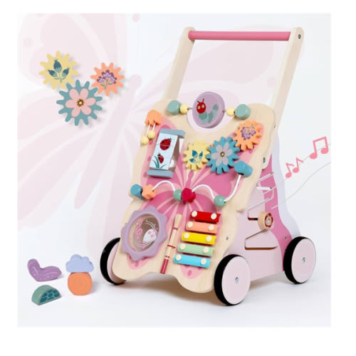Wooden Baby Push Walker for Girls Toddler Kids 1-3 with Activity Center, Pink Butterfly Montessori Learning Push Walker with Wheels, Christmas Gift Develops Motor Skills & Stimulates Creativity