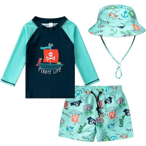 Toddler and Baby Boys' 3-Piece Swimsuit Trunk, Long Sleeve Rashguard Bathing Suit with Hat Set - 6-9 Months - Green Sailboat