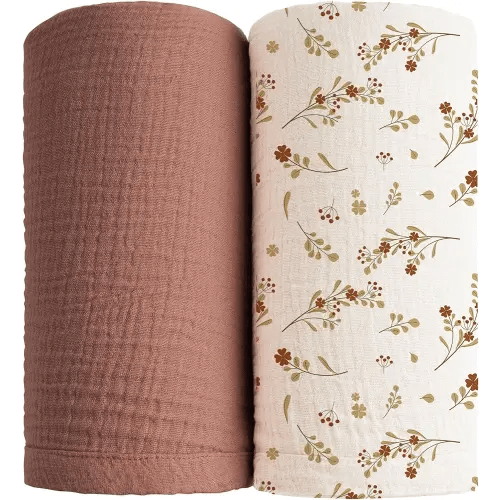 Konssy Muslin Swaddle Blankets for Boys Girls, 2 Pack Receiving Baby Blanket Large 47 x 47 inches, Soft Breathable Swaddling Wrap for Unisex Newborn (Chestnut, Posy)