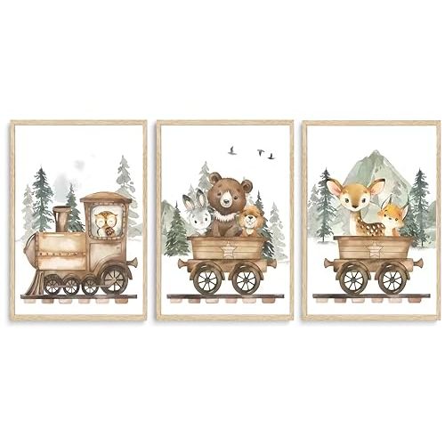 SZHUAAIC 3Pcs Woodland Animal Nursery Canvas Wall art Forest Wildlife Train Adventure Drawing Picture Wall Decor Fox Bear Deer Rabbit Owl Poster Printings for Boys Girls Room Home Decoration Unframed