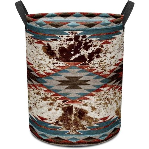 Western Aztec Cow Print Baby Laundry Hamper,Laundry Basket,Waterproof Storage Bin for Bedroom,Clothes Organizer Basket,Toys Box,Room Decor