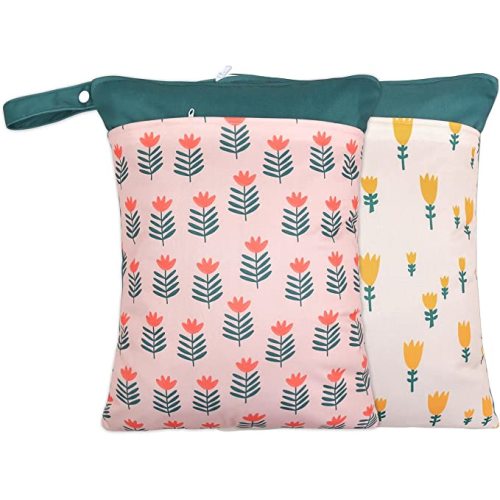 2 Pack Wet Dry Bags for Baby Cloth Diapers&Breast Pump Parts, Waterproof Reusable Wet Bag with Two Zippered Pockets & Handle, Beach Pool Gym Bag Stroller Yoga Toiletries Daycare Organizer for Swimsuit Wet Clothes, 11.8 inch x 15.7inch (Green)