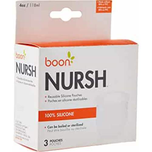 Boon Nursh Reusable Replacement Pouch with Collapsible Silicone Pouch Design - Everyday Baby Essentials - Stage 1 Slow Flow Bottles - Gray - 4 Oz