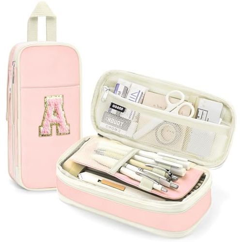 Preppy Pencil Case for Girls, Large Initial Pencil Pouch for School Supplies, Portable Pink Pen Bag with Zipper, Cute Aesthetic Pen Box, Compartments Stationary Organizer for Kids Teens Adults
