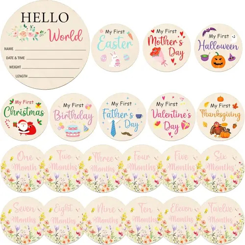 Wildflower Monthly Baby Milestone Signs, 11PCS Wooden My First Holiday Milestone Cards Newborn Halloween Christmas Gift, Baby Announcement and Hello World Newborn Sign
