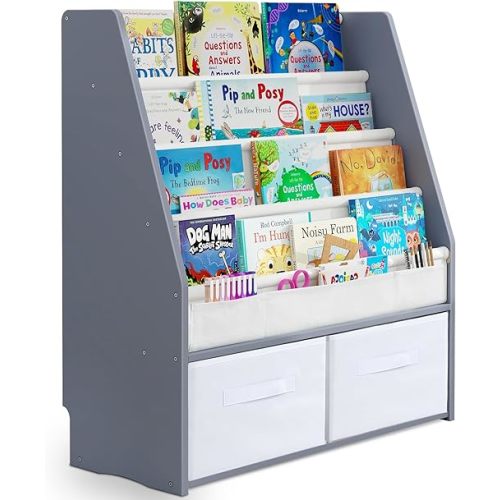 MallBest Childrens Bookshelf Kids Sling Book Rack with Two Storage Boxes and Toys Organizer Shelves Natural Solid Wood Baby Bookcase