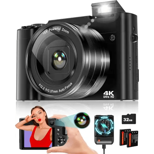 4K Digital Camera for Photography, 64MP Autofocus Vlogging Camera for YouTube with Selfie Lens, Compact Travel Video Camera with Flash, 16X Zoom, Anti-Shake, 32GB Card, 2 Batteries(Black)