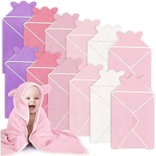Peryiter 12 Pcs Cute Hooded Baby Towels Cozy Absorbent Baby Bath Towels Coral Fleece Toddler Towels Hooded Bath Blanket with Soft Ears for Newborn Boy Toddler Girl Kids Shower Gift (Pink Series)