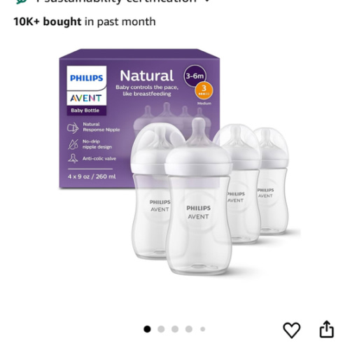 Philips Avent Natural Baby Bottles with Natural Response Nipples (Medium Flow, Flow 3), 9oz, 4-Pack, SCY903/04