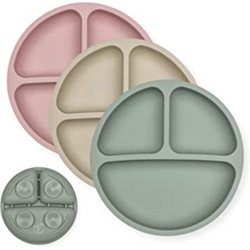 Hippypotamus Toddler Plates with Suction - Baby Plates - 100% Food-Grade Silicone Divided Plates - BPA Free - Dishwasher Safe - Set of 3 (Sage/Blush/Nude)