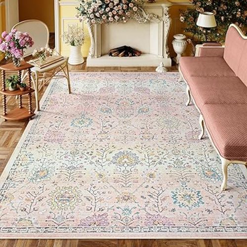 Lahome Pink Boho Area Rug, 8x10 Pink Rugs for Bedroom Girls Large Living Room Area Rugs Soft Floral Playroom Rug, Washable Rugs 8x10 Non Slip Pastel Rug for Bedroom Living Room Pink Carpet