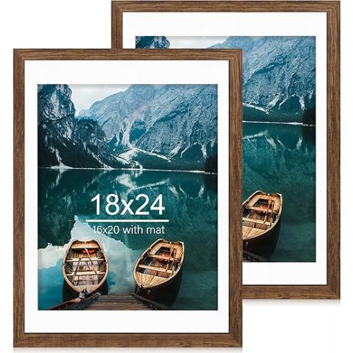 18x24 Frame Set of 2, Rustic Brown Wood Style - Display 18 x 24 Poster without Mat or 16x24 Picture with Mat, Wall Mounting Horizontal and Vertical