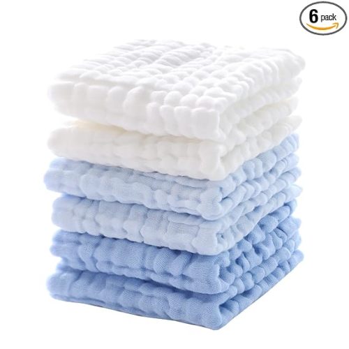 MUKIN Baby Washcloths - Soft Face Cloths for Newborn, Absorbent Bath Wipes, Burp Cloths or Towels, Baby Registry as Shower. Pack of 6-12x12 inches (Blue)