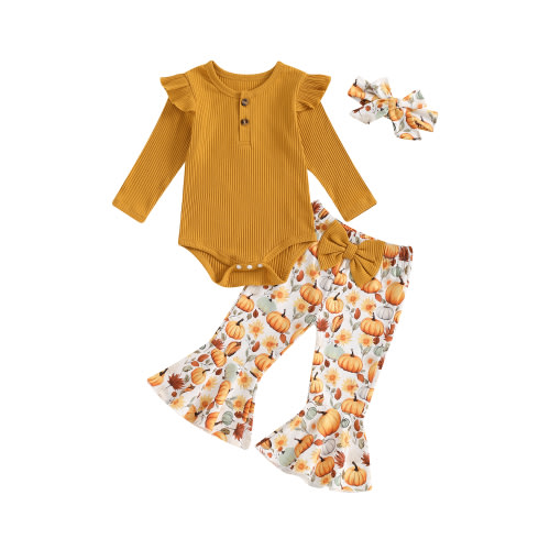 Newborn Baby Girl Halloween Outfits Long Sleeve Romper Tops Pumpkin Bell-Bottom Flare Pants Headband Infant Fall 3Pcs Clothes Set