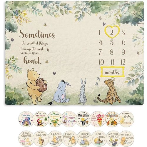Pooh Milestone Blanket for Babies, Winnie Baby Milestone Blankets, Winnie Quotes Milestone Blanket, Newborn Photography Background Decor, with 8pcs Double-sided Printed Holiday Cardstock 35.4*47.2in