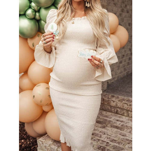 Momyknows Ruffle Off Shoulder Long Sleeve Bodycon Baby Shower Maternity Midi Dress