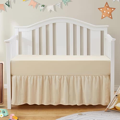 SiinvdaBZX 2-Piece Set Ruffled Crib Skirt & Soft Microfiber Fitted Crib Sheet, 52"x28" + Adjustable Elastic 14" Drop, Fit for Baby Standard Crib & Nursery Toddler Bedding (Cream)