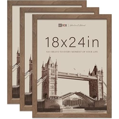 VCK 18x24 Poster Frame Brown Walnut - 3 Pack, Exclusive Natural Wood Grain Solid Wood Picture Frame, Wall Hanging