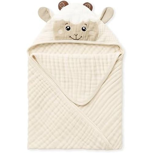 Blissful Diary Muslin Baby Hooded Towel 1 Pack, Soft & Absorbent Bath Towel for Infant, Toddler, Unisex, Baby Gift, Newborn Essentials, Gentle Lamb