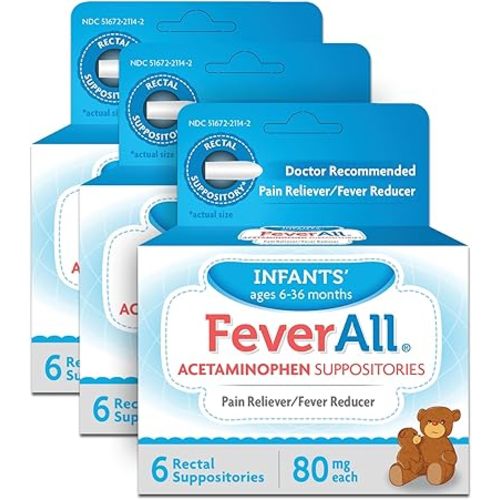 Feverall Infant Acetaminophen Suppositories 6 Rectal Suppositories 80mg Each Pain Reliever/Fever Reducer. Paraben Free, No Artificial Colors or Other preservatives. Ages 6-36 Months. Value 3 Pack.