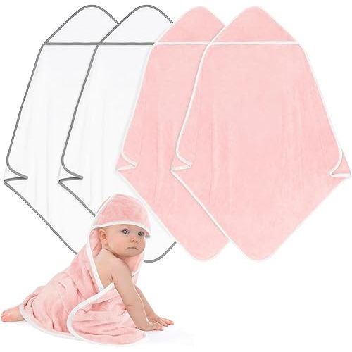 Hooded Towel for Newborns, 4 Pack Soft Coral Fleece Baby Bath Towels, Ultra Absorbent Baby Towels Bulk for Infants, Toddlers, Newborn Essential- 30 x 30 inch - Pink & White