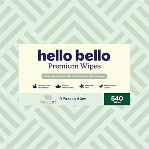Hello Bello Premium Wipes, Designed for Sensitive Skin with Chamomile & Aloe Extracts, Simply Sage (9 Resealable Packets = 540 Total Wipes)