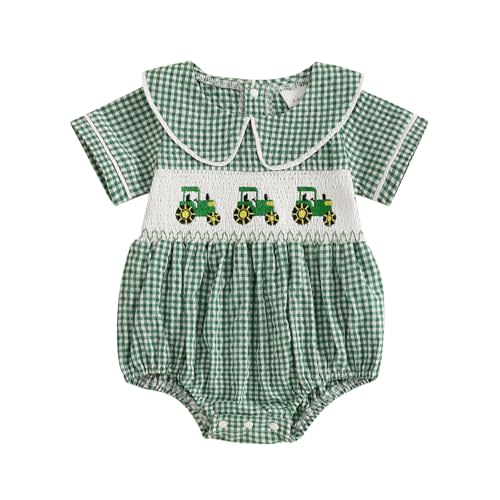 niceclould Baby Girls Summer Clothes Sweet Bubble Jumpsuit Short Sleeve Doll Collar Truck Embroidery Smocked Plaid Romper