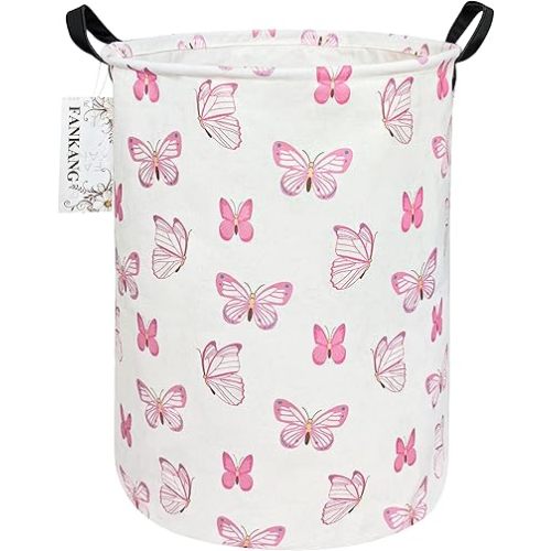 FANKANG Storage Basket, Nursery Hamper Canvas Laundry Basket Foldable with Waterproof PE Coating Large Storage Baskets for Kids Boys and Girls, Office, Bedroom, Clothes,Toys(pink butterfly)
