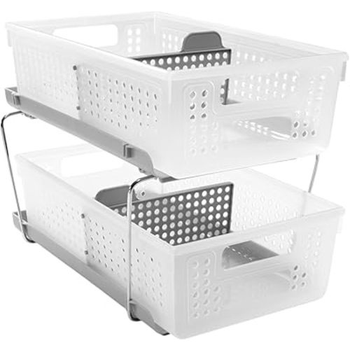 madesmart 2-Tier Organizer, Multi-Purpose Slide-Out Storage Baskets with Handles and Dividers, Frost