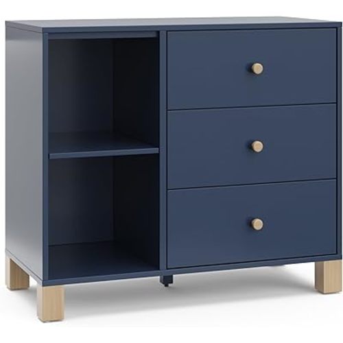 Storkcraft California 3 Drawer Combo Dresser (Midnight Blue with Driftwood) – GREENGUARD Gold Certified, Interlocking Drawer System, Pre-Installed Drawer Tracks for Easier Assembly, Spacious Cabinet