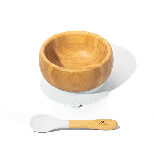 Avanchy Bamboo Baby Bowl with Spoon and Removable Silicone Suction Base – Non-Toxic, BPA-Free Feeding Bowl for Babies and Toddlers – Natural Bamboo Suction Bowl, White