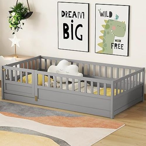 Twin Size Floor Bed with High Fence and Door, Montessori Floor Bed Twin Size, Twin Size Montessori Bed for Kids, Girls, Boys, Twin Floor Bed Without Slats(Gray Floor Bed Twin Size)