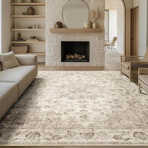 6x9 Washable Neutral Area Rug Beige Floral Living Room Bedroom Large Carpet Non-Slip Low Pile Vintage Soft Thin Throw Rug for Dining Room Office Kitchen Bathroom Indoor