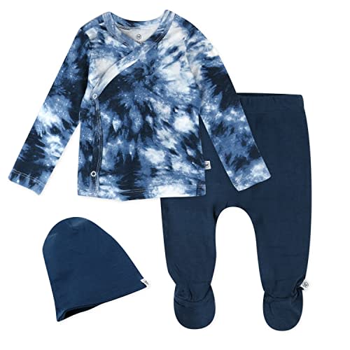 HonestBaby 3-Piece Organic Cotton Kimono Top, Footed Pant & Headband/Beanie Set for Infant Baby Boys, Girls, Unisex