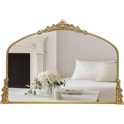 Vintage Arched Mirror, 40"x 30"Antique Baroque Mirror Style Metal Beaded Frame for Entryway Hallway Living Room,Vintage Gold