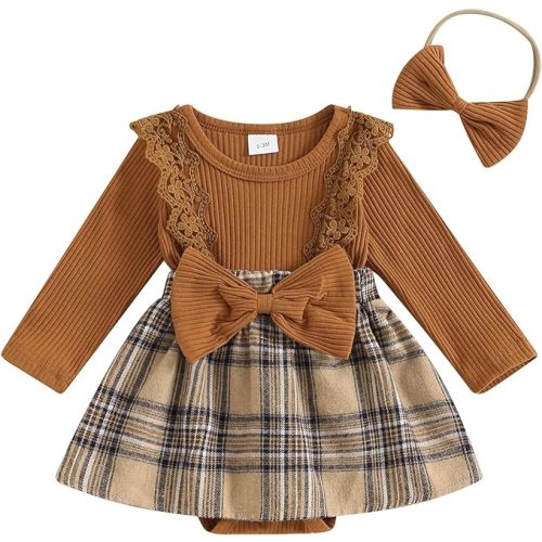 Newborn Baby Girl Clothes Floral Print Ruffle Long Sleeve Romper Dress Infant Fall Winter Outfits Headband - 9-12 Months - Coffee
