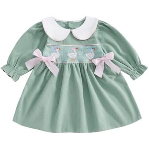 Toddler Baby Girl Silly Goose Smocked Dress Long Sleeve Fall Dresses Cute Little Girls Princess Goose Outfit