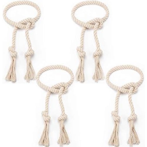 4 Pcs Hand Woven Curtain Tiebacks No Drilling - Boho Drape Holdbacks Rope for Black Blue Light Color Curtains, Decorative Ties for Outdoor Yard Garden Farmhouse Drapery, Beige