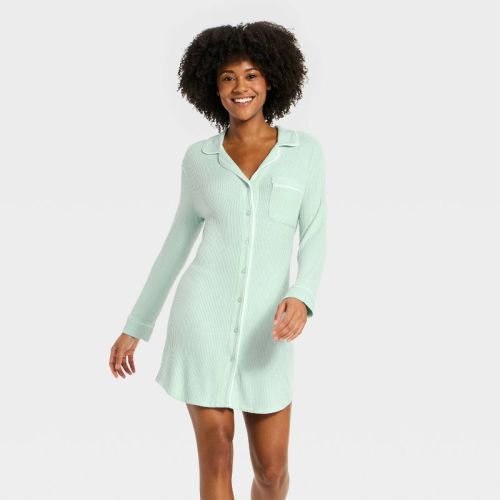 Women's Cozy Ribbed Notch Collar Pajama Gown - Auden™ Mint XL