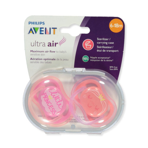 Philips Avent Ultra Air 2-Pack Orthodontic Pacifiers With Sterilizing Carrying Case - pink/gold, one size